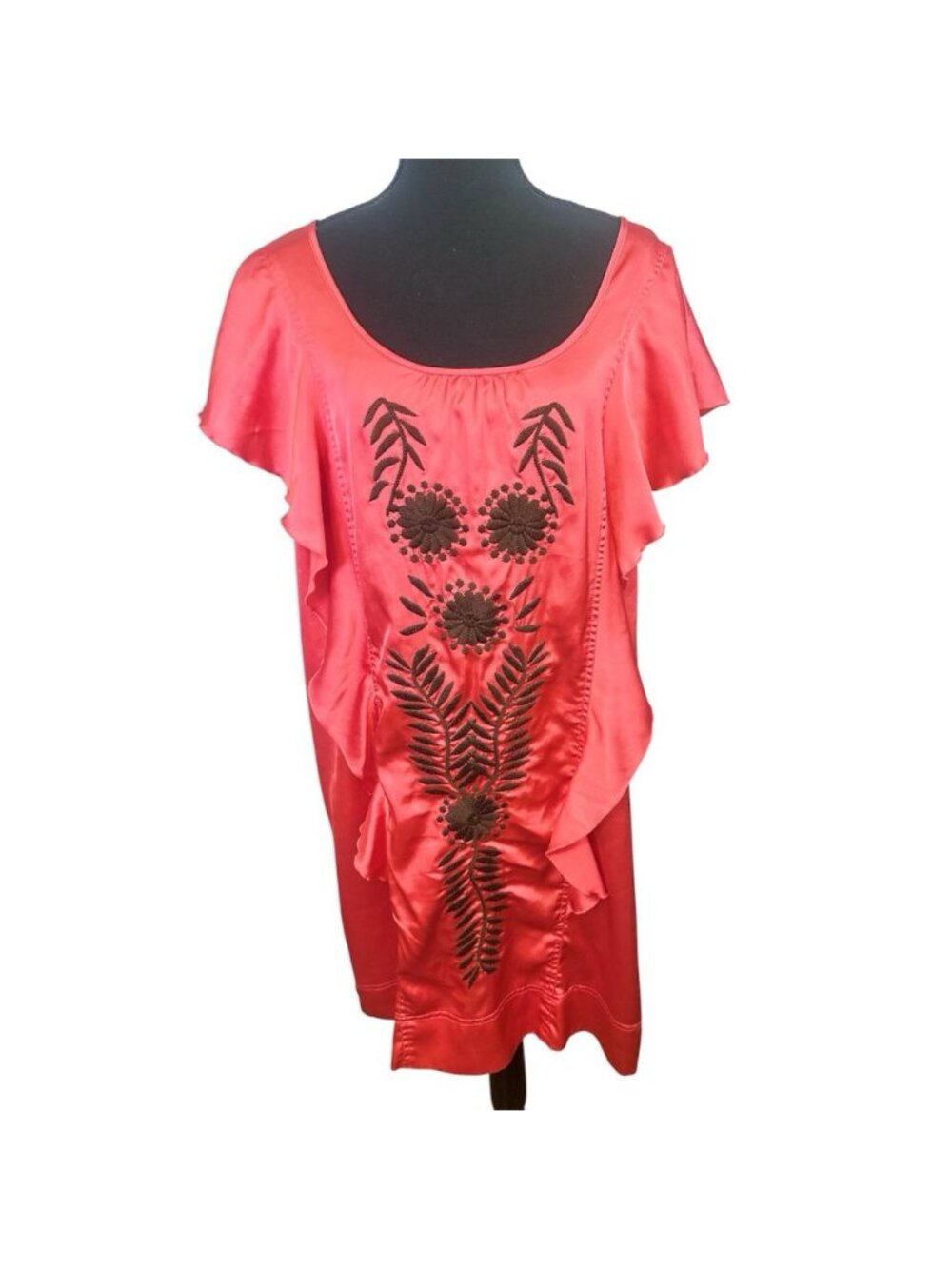 Uncle Frank Embroidered Shift Dress Coral Ruffled Sz XL Midi Floral Satin Boho